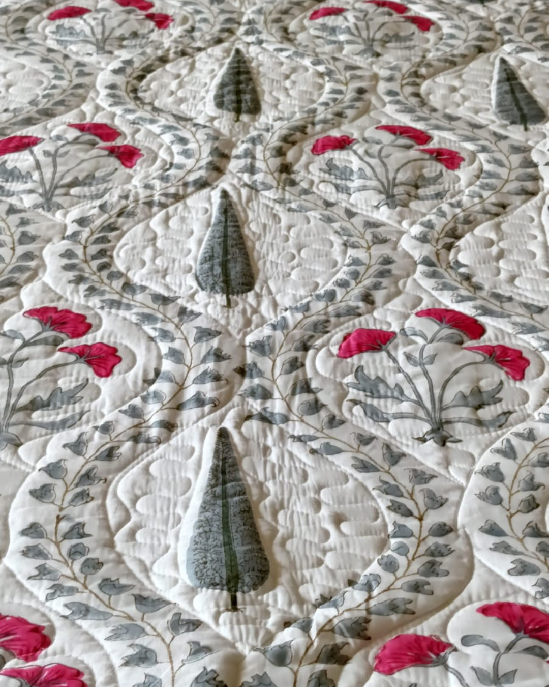 Pink Flowers Grey leaf Jaal pattern, Handblock quilted Comforter Set with 2 Pillow Covers