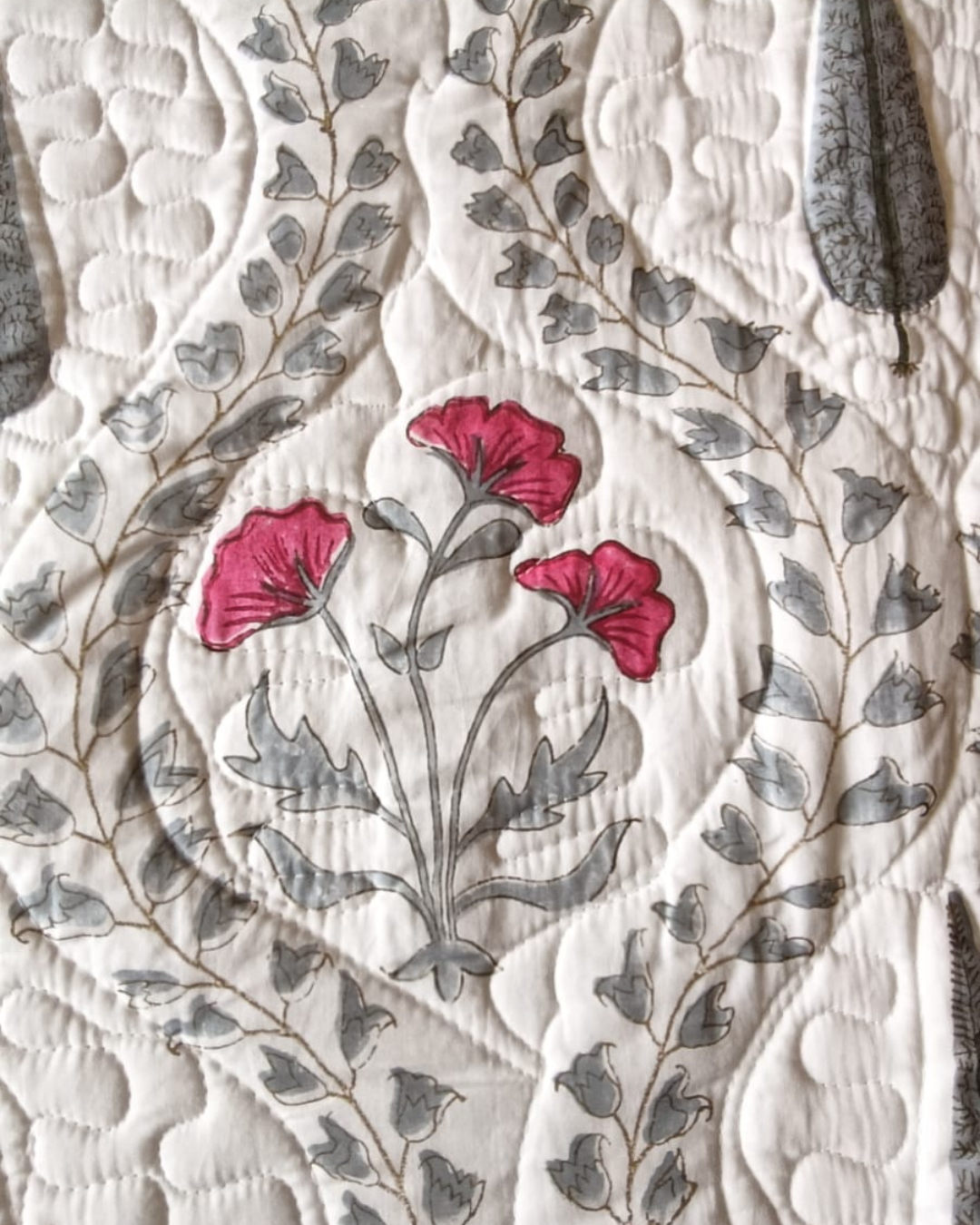 Pink Flowers Grey leaf Jaal pattern, Handblock quilted Comforter Set with 2 Pillow Covers