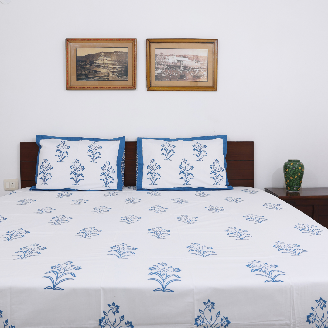 Blue Floral Handblock Printed Cotton Bedsheet