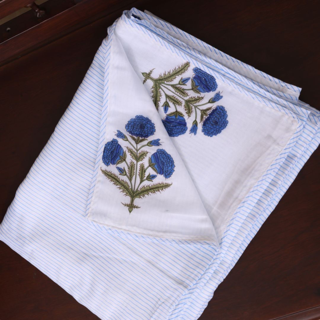 Blue Poppy Reversible Cotton Dohar with Pillow Covers