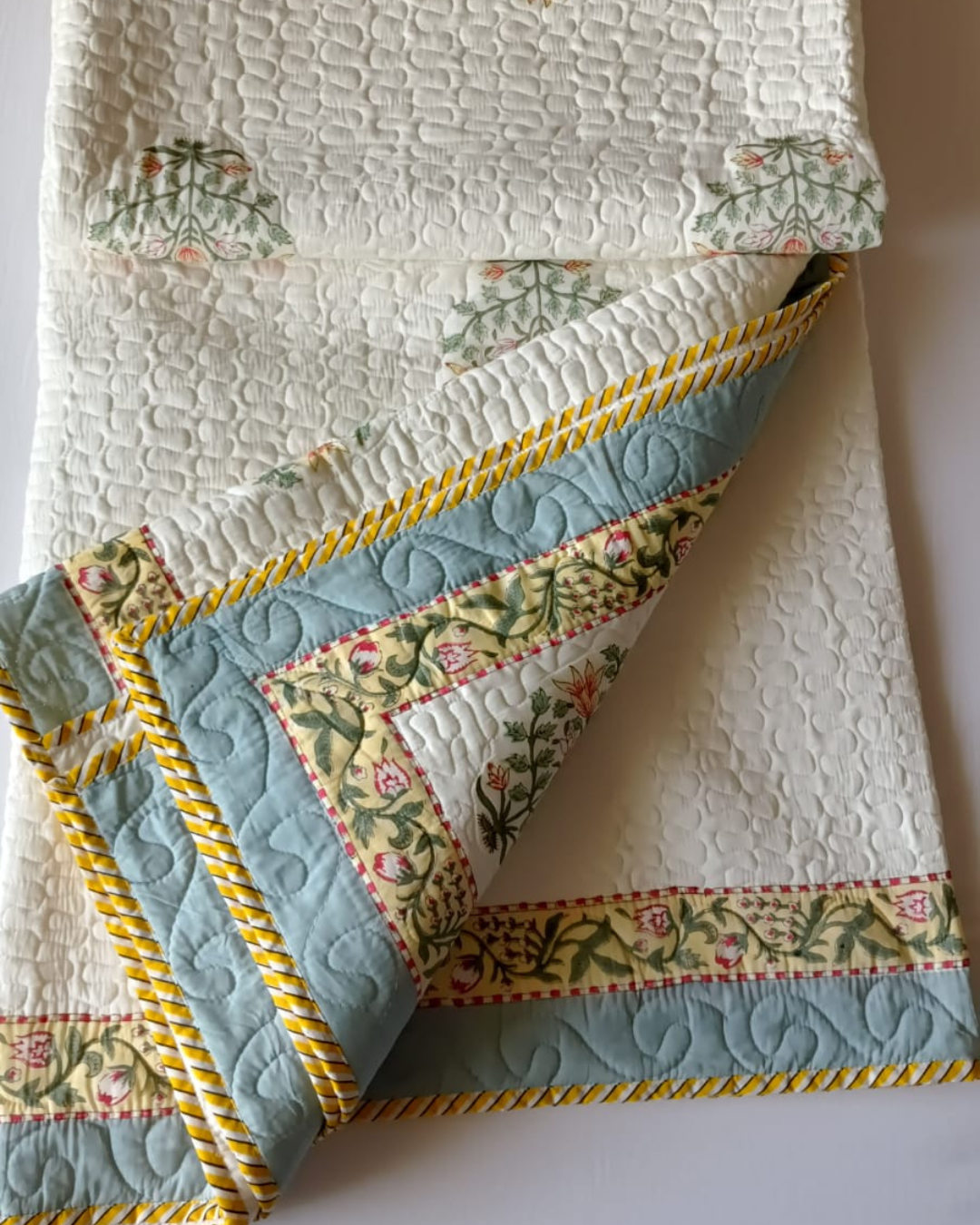 Yellow Flower with Blue & Yellow Border, Handblock Quilted Comforter Set with 2 Pillow Covers