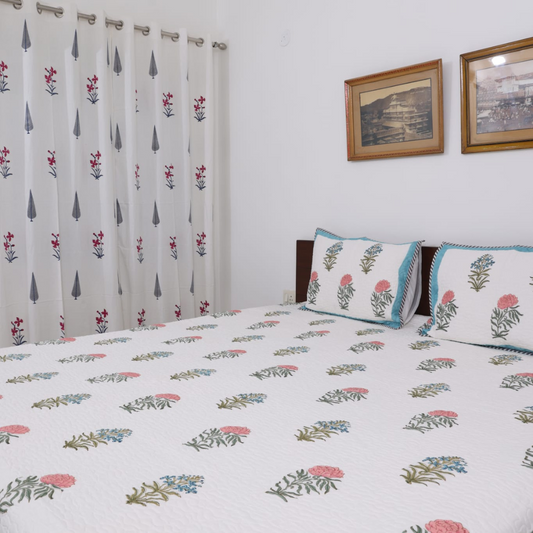 Red Floral and Grey Leaf Handblock Cotton Curtain | 1 PC
