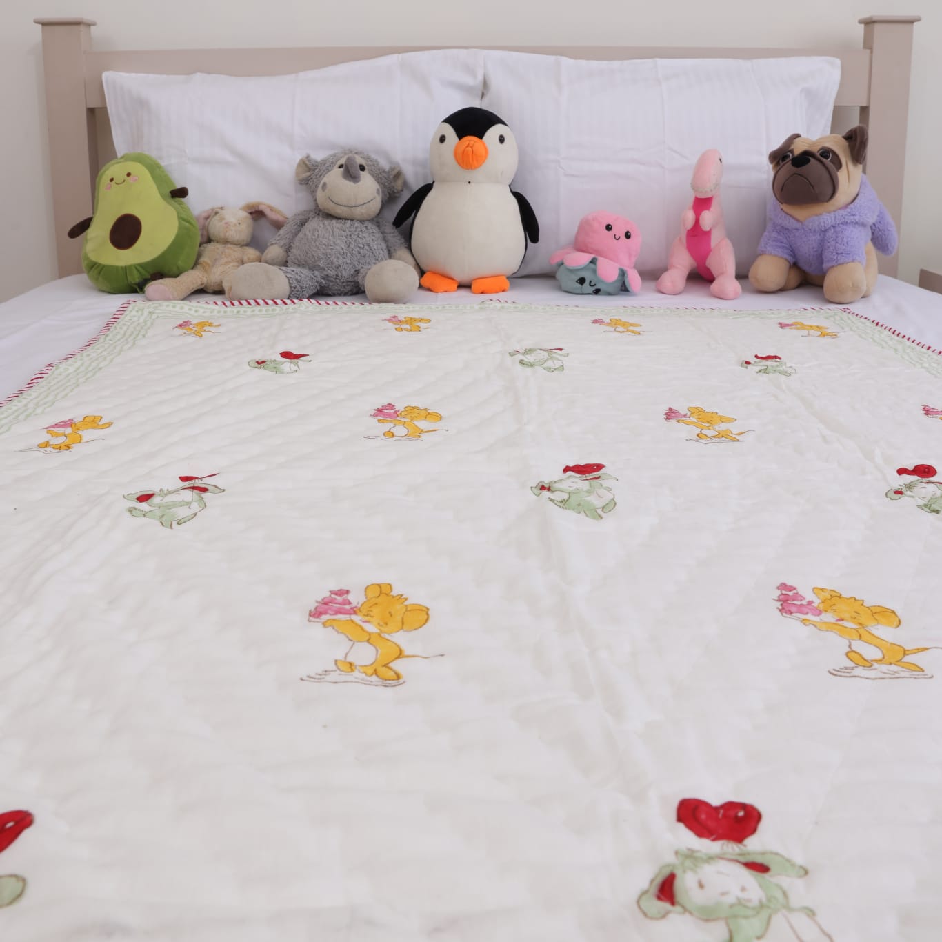 Bunny & Heart Balloon Hand Block Printed Kids' Quilt
