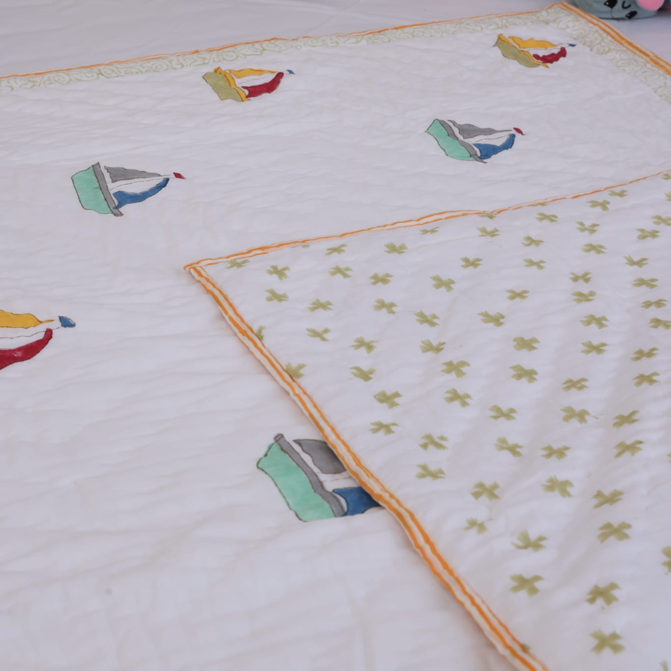 Handblock Printed Cotton Kids’ Quilt – Boat Design
