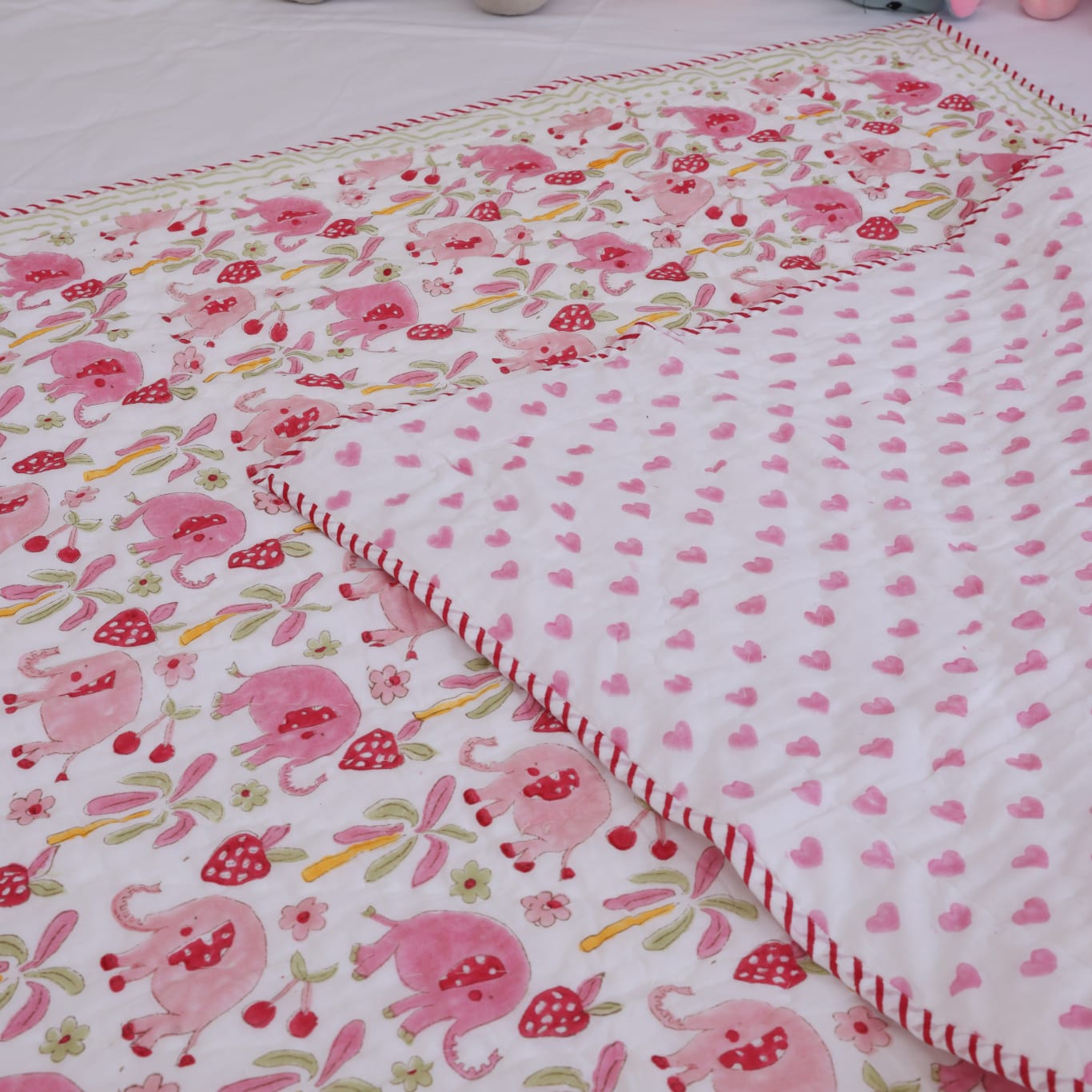 Handblock Printed Cotton Kids’ Quilt – Pink Elephant Design