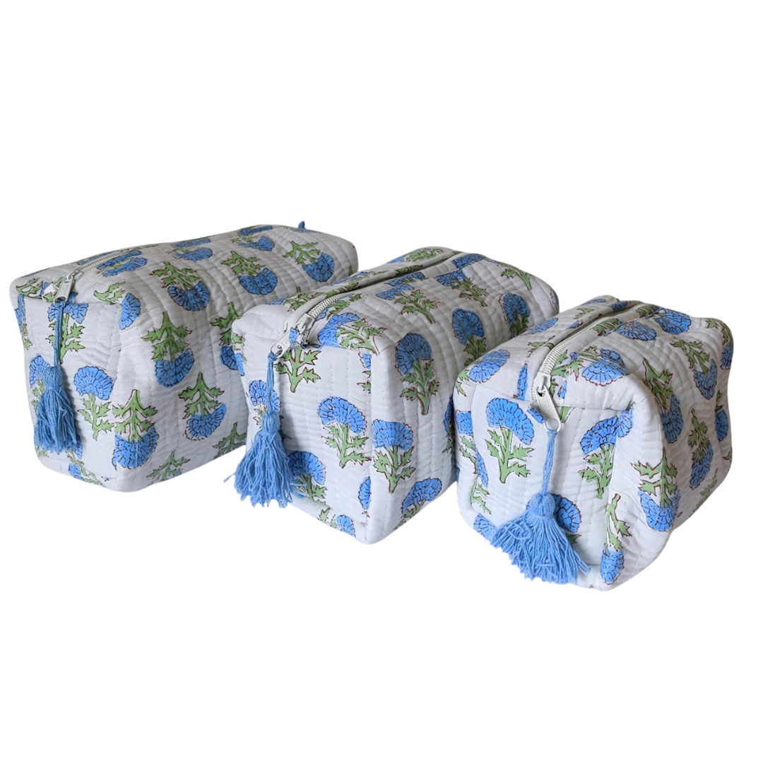 Blue Blossom Quilted Travel Kit – Set of 3