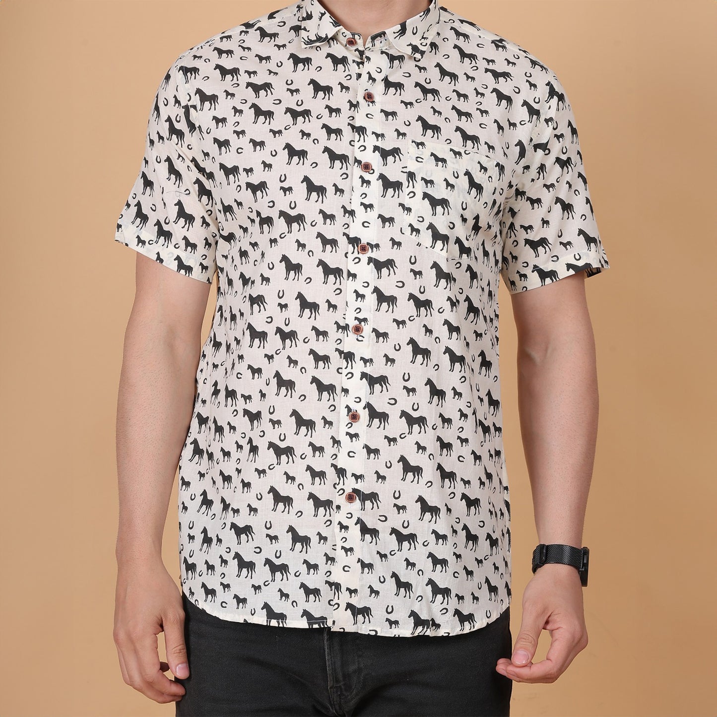 Men's White Cotton Half-Sleeve Shirt with Horse Print