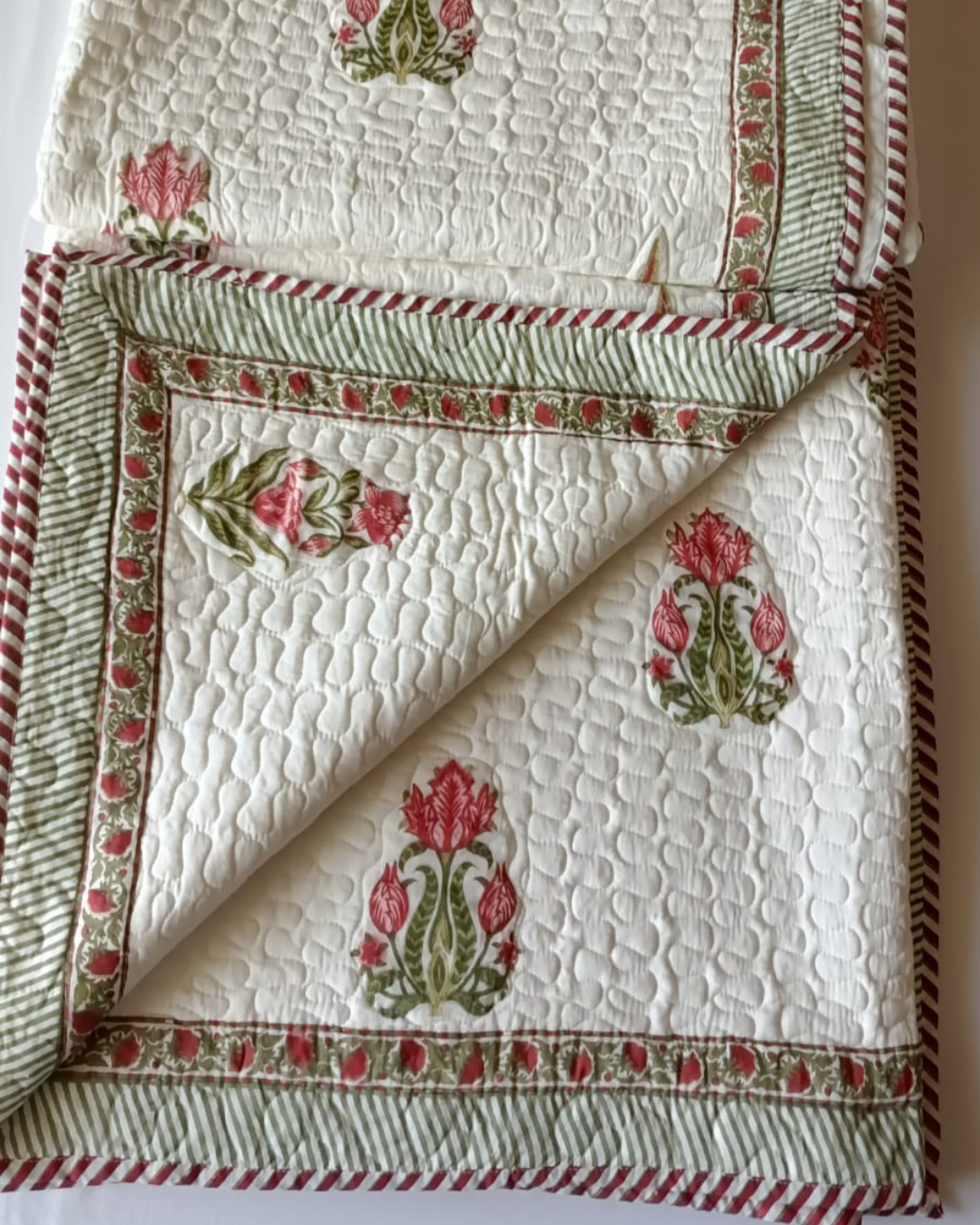 Pink Flower , Handblock Quilted Comforter Set with 2 Pillow Covers