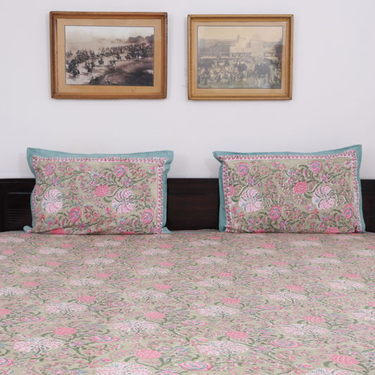 Pink Floral Handblock Printed Cotton Bedcover