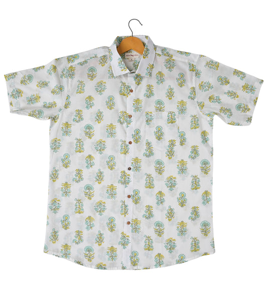 Casual Elegance Floral Motif in Green and Yellow Shirt