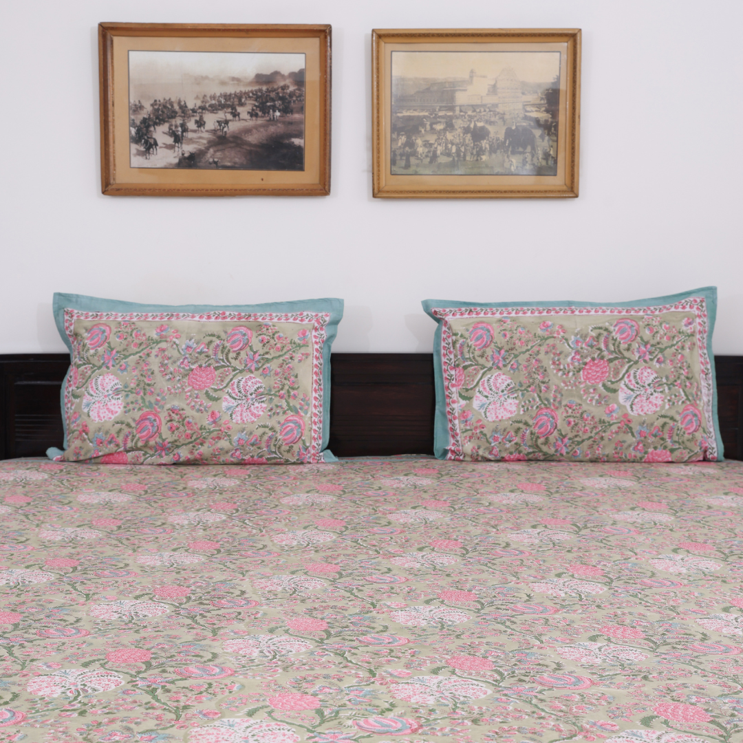 Dark Blue & Orange Handblock Printed Cotton Bedsheet