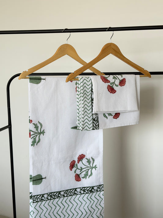 Red Flower Handblock Cotton Towel & Napkin Set
