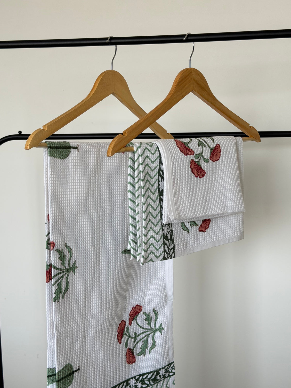 Red Flower Handblock Cotton Towel & Napkin Set