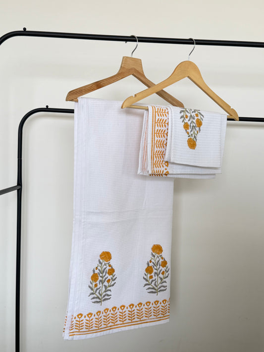 Mustard Flower Handblock Cotton Towel & Napkin Set