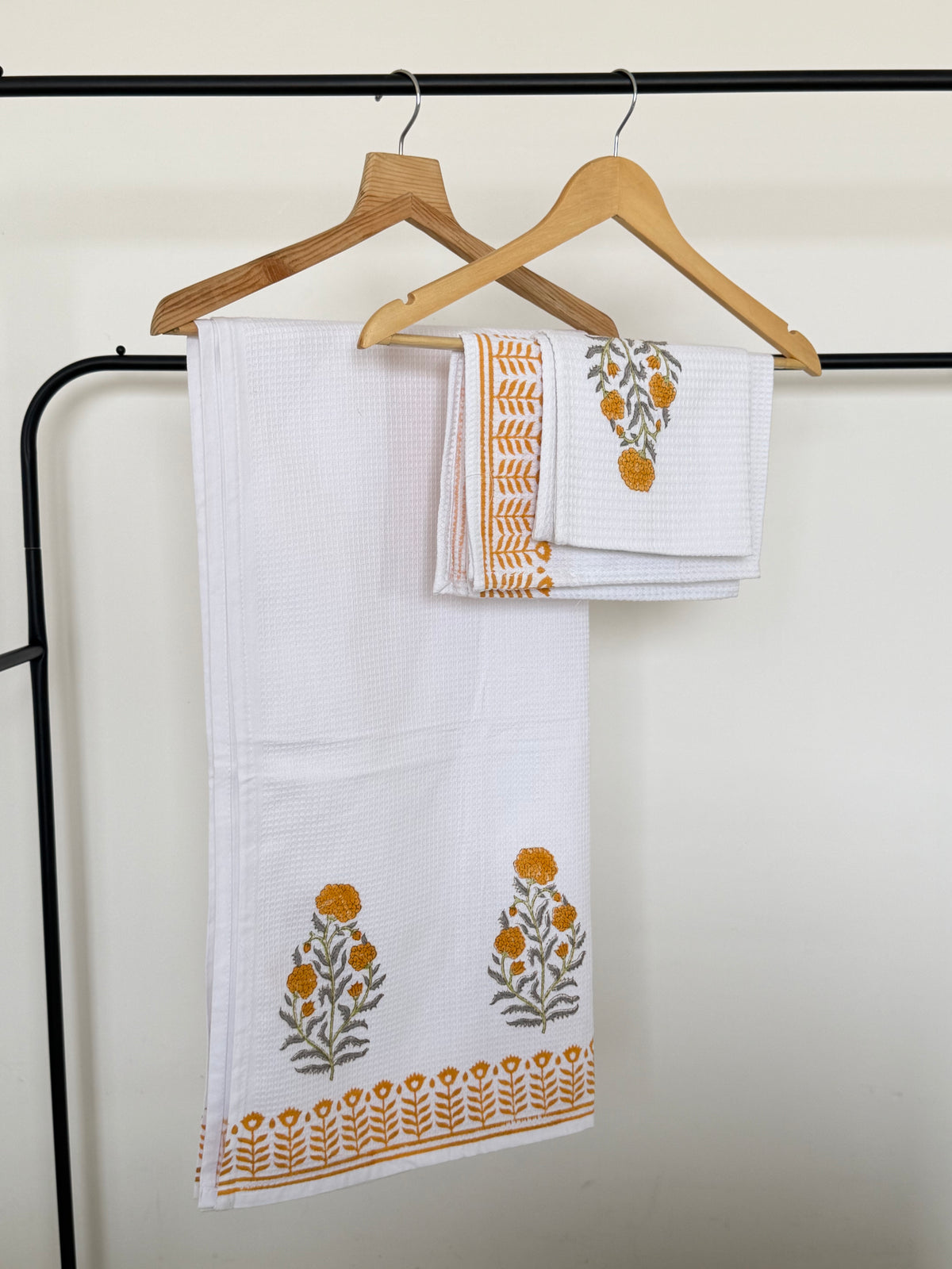 Mustard Flower Handblock Cotton Towel & Napkin Set
