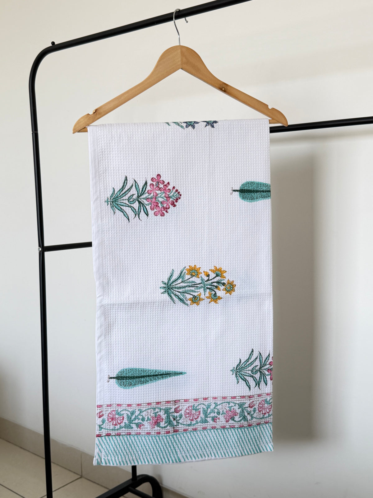 Multi Colour Flower & Leaf Handblock Cotton Single Towel