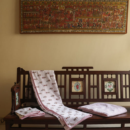 Small Red Flowers Reversible Cotton Dohar with Pillow Covers
