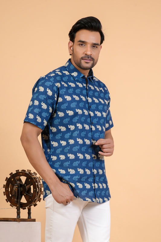 Ethnic Elephant Motif Cotton Half Sleeve Shirt For Men