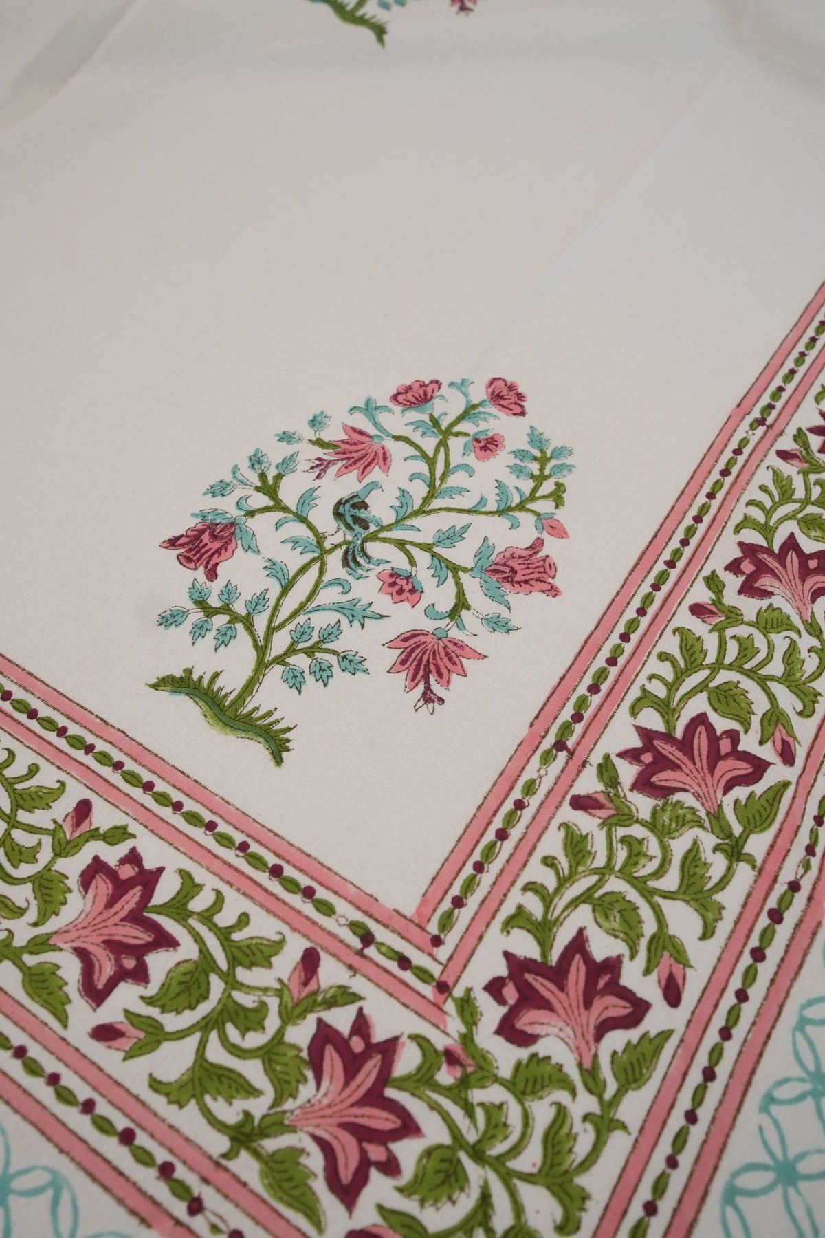 White Big Peach & Green Booti Handblock Cotton Bedcover