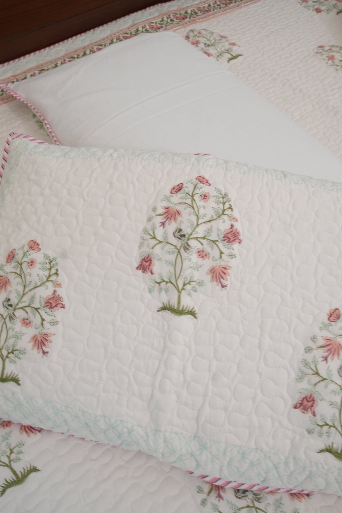Peach Floral Handblock Quilted Comforter Set with 2 Pillow Covers