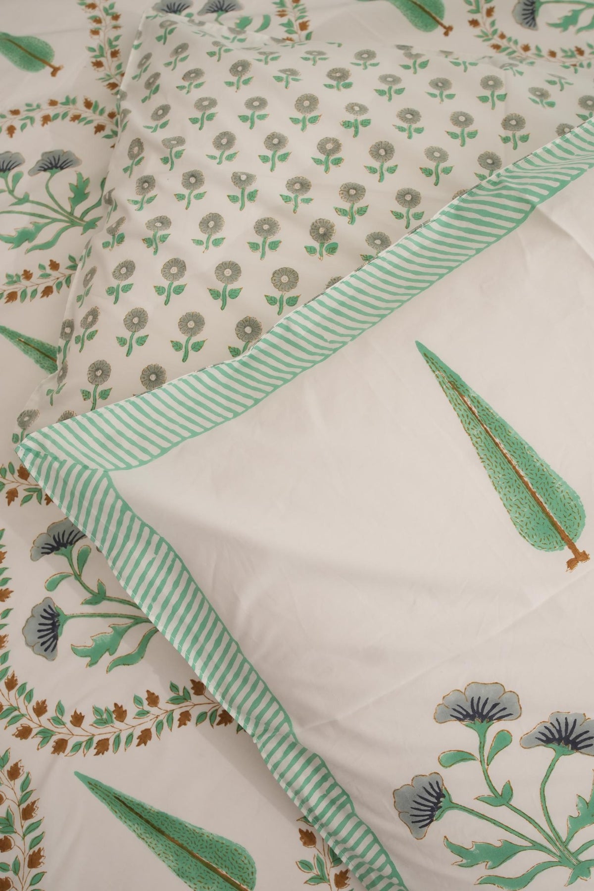 Light Green & Grey Floral Handblock Cotton Percale 300 TC Bedsheet