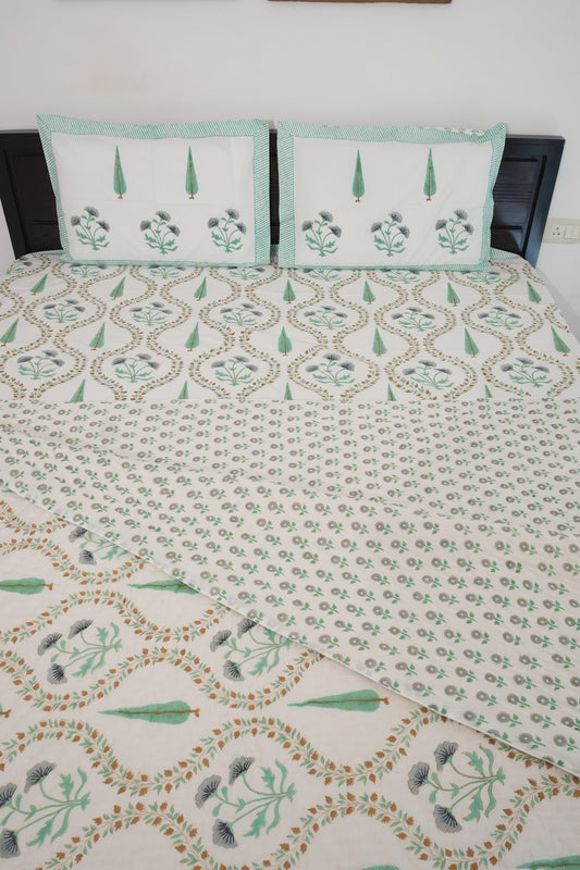 Light Green & Grey Jaal Handblock Cotton Percale 300 TC Bedsheet & Double Quilt Set