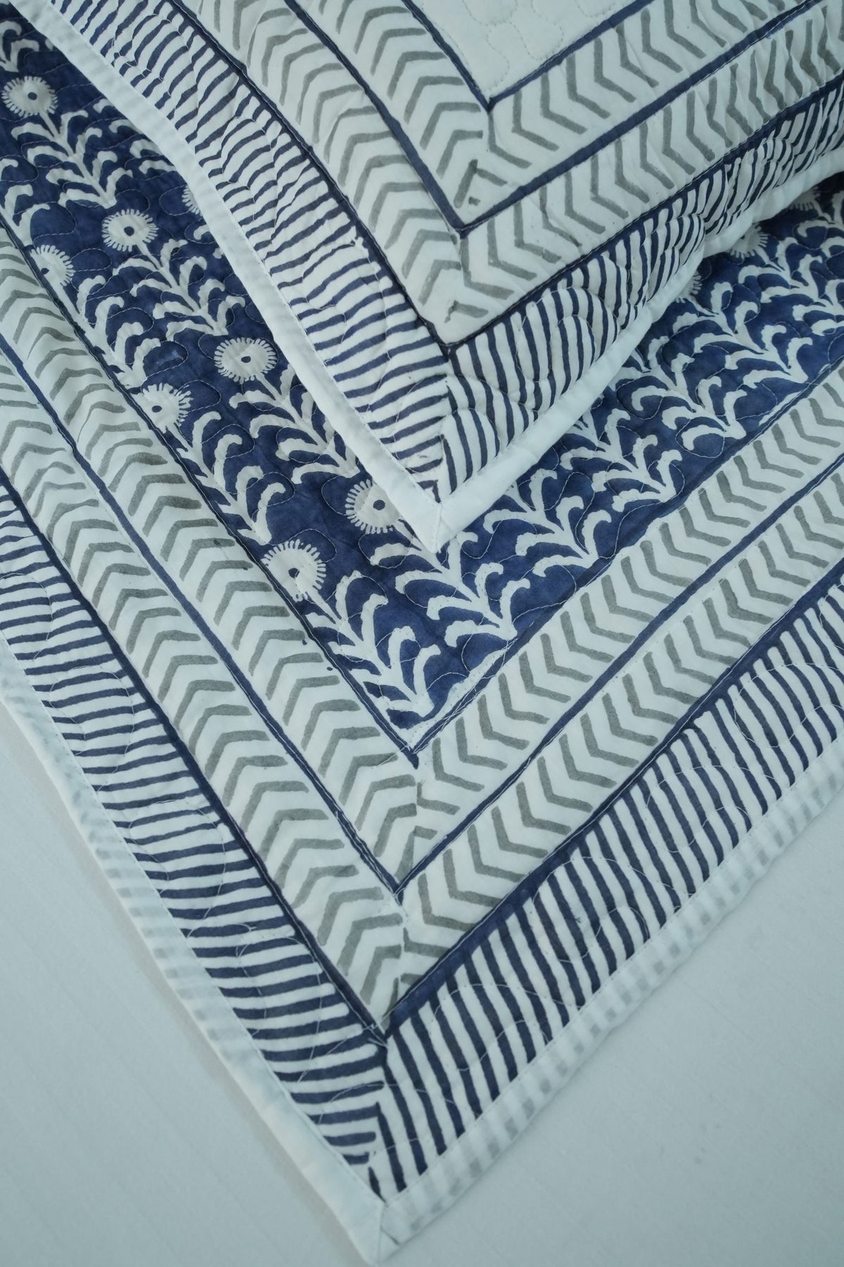 Dark Blue Floral Handblock Quilted Comforter Set with 2 Pillow Covers