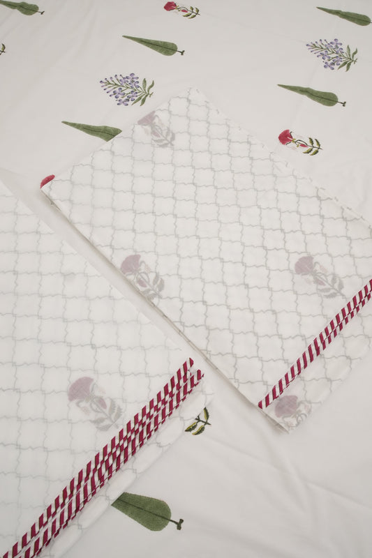 3D Floral Green Leaf & Small Red and Purple Flower Handblock Cotton Percale 300 TC Bedsheet & Single Pair Dohar Set