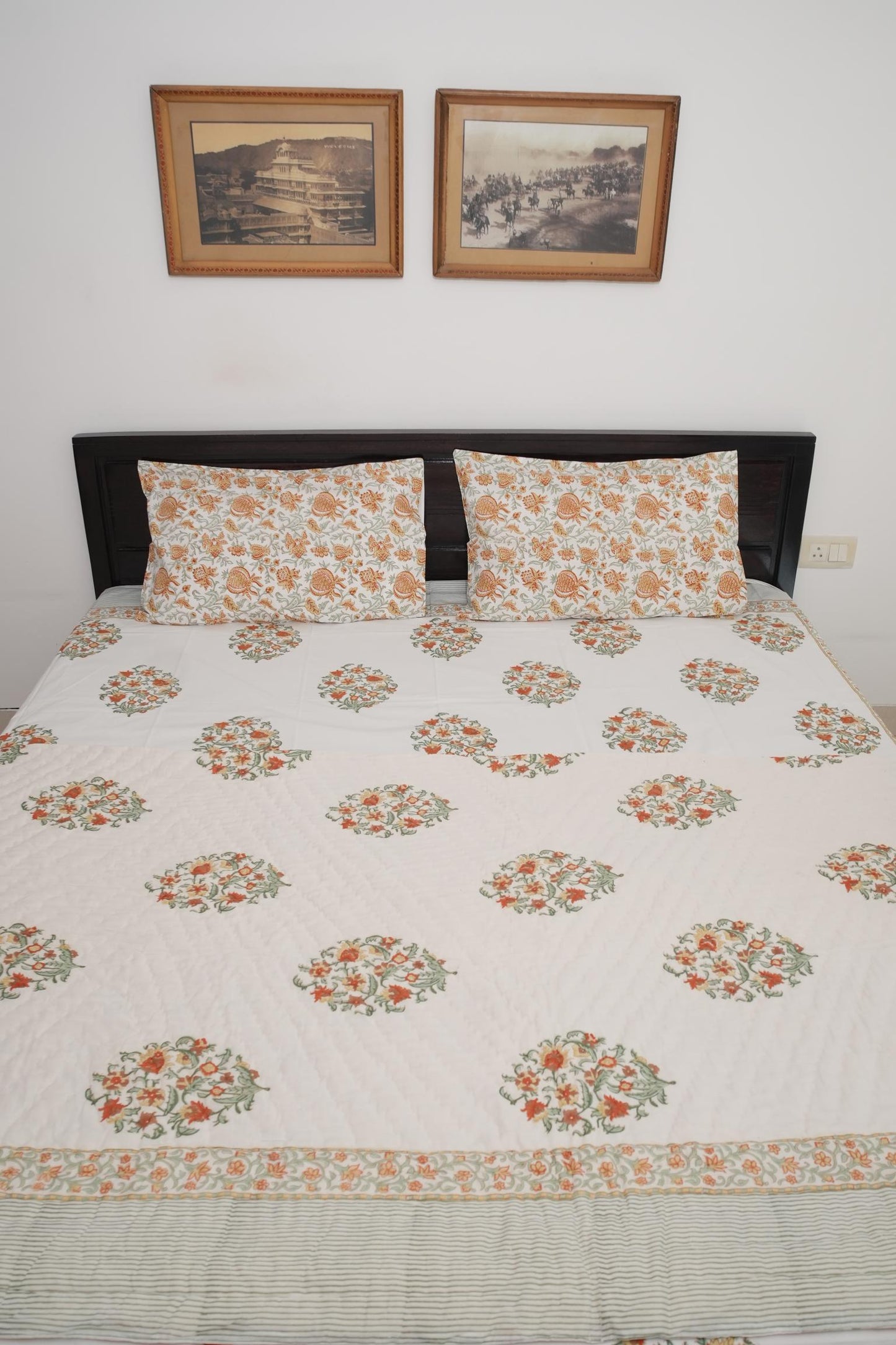 Orange Floral Handblock Cotton Percale 300 TC Bedsheet