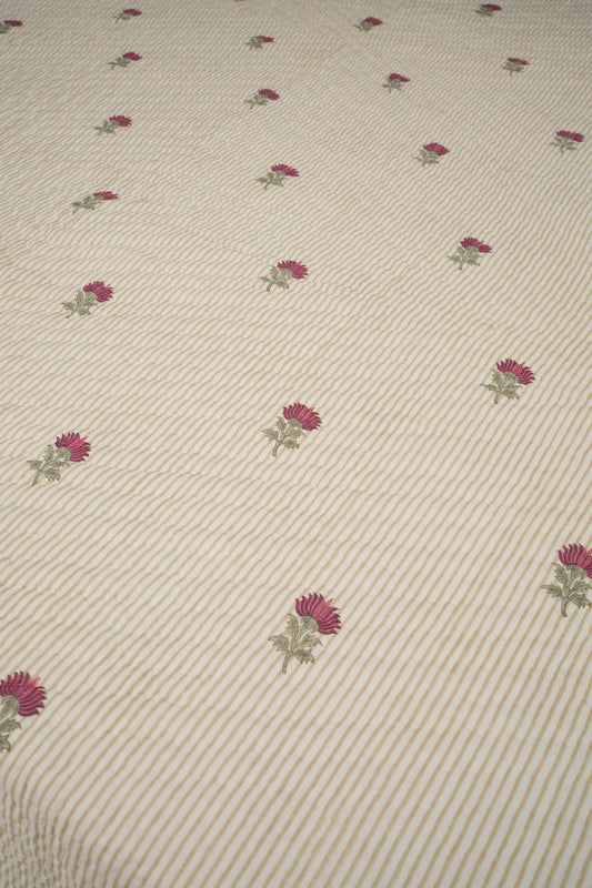 Small Pink Floral with Green Lines Handblock Reversible Double Quilt