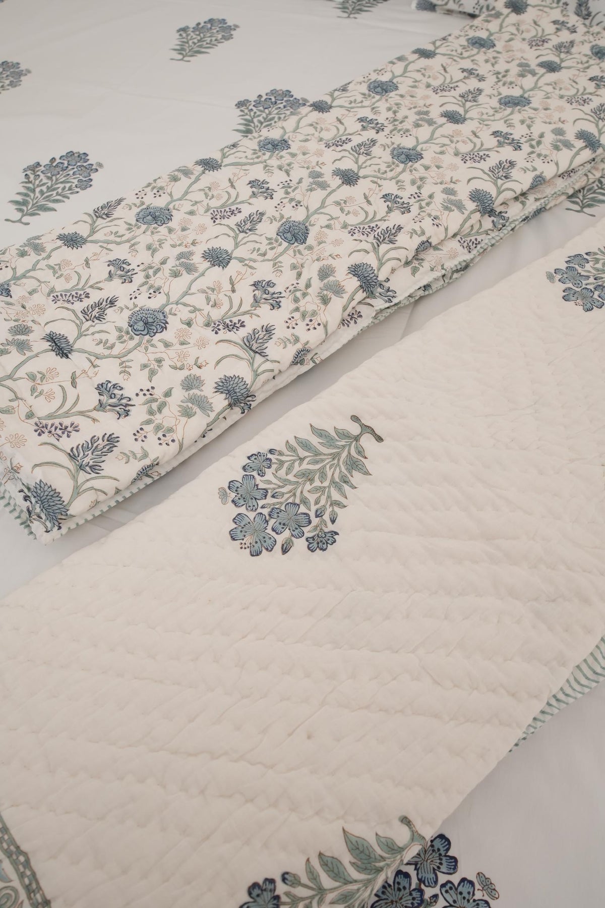 Green Floral Handblock Cotton Percale 300 TC Bedsheet