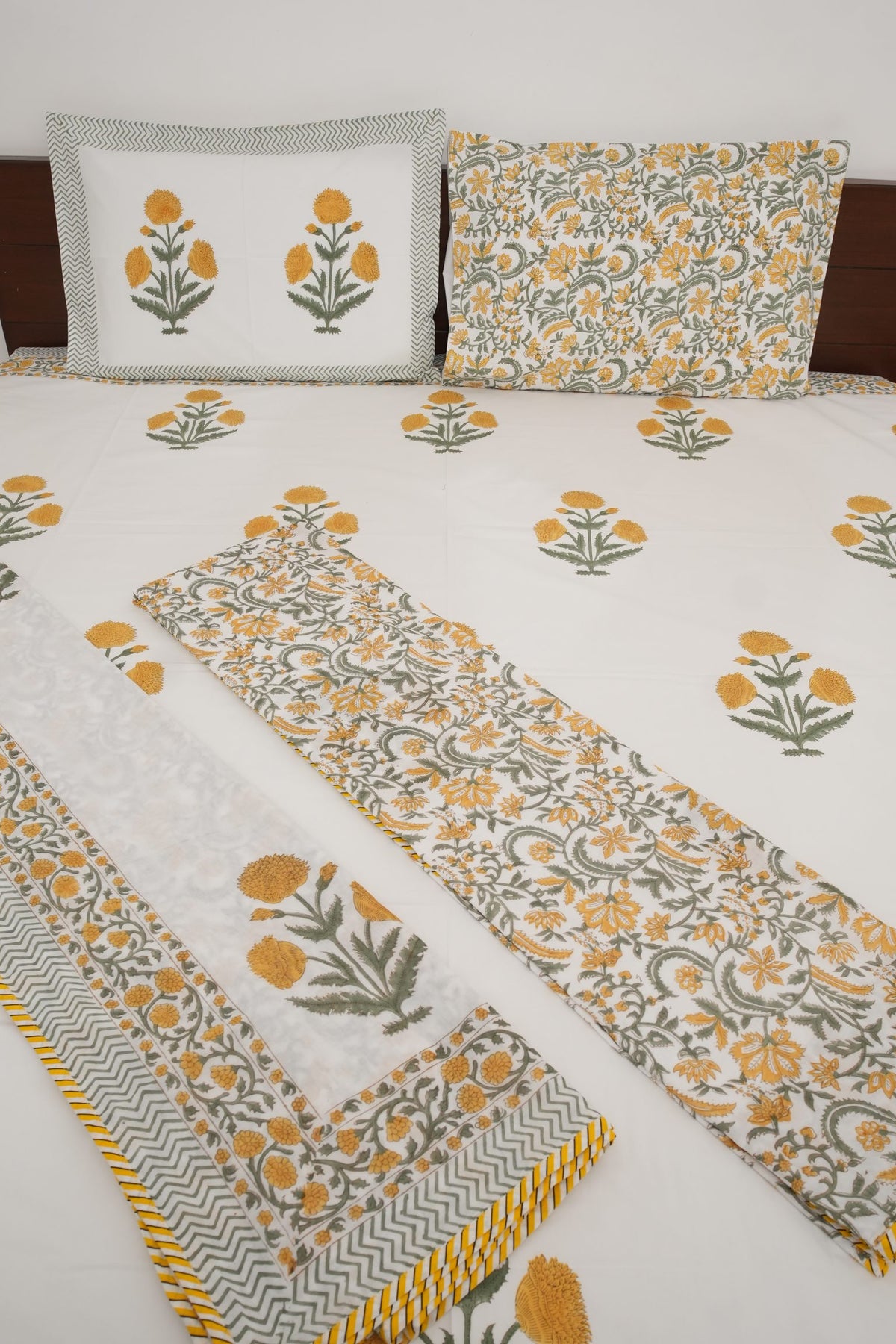 Yellow Poppy Handblock Cotton Percale 300 TC Bedsheet