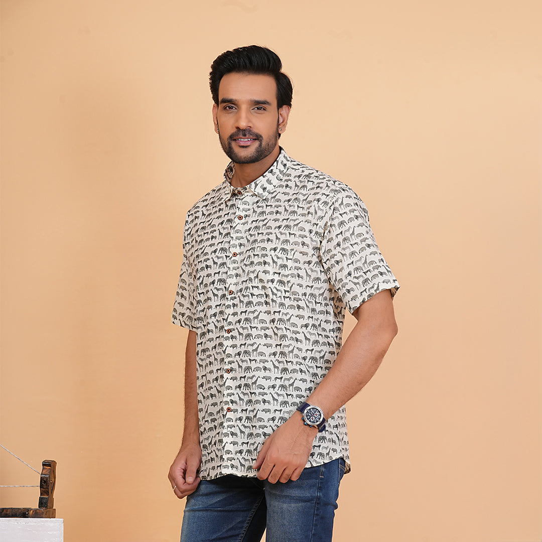 Olive Mist with Meadow Herd Half-Sleeves Shirt