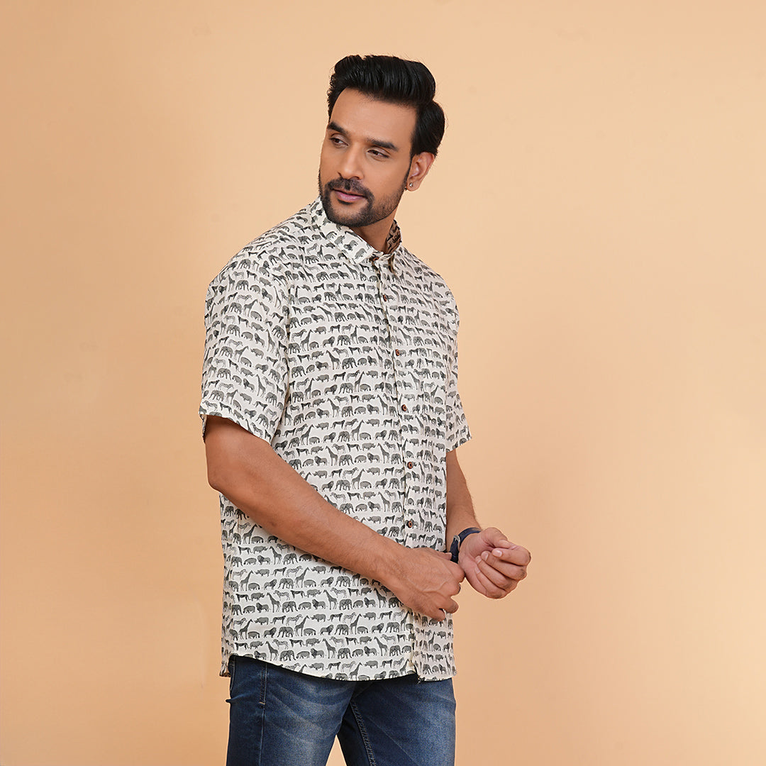 Olive Mist with Meadow Herd Half-Sleeves Shirt