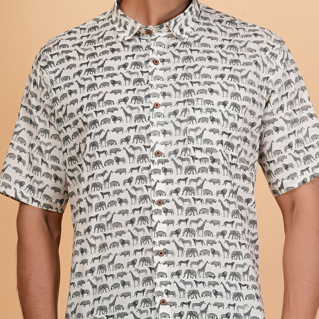 Olive Mist with Meadow Herd Half-Sleeves Shirt