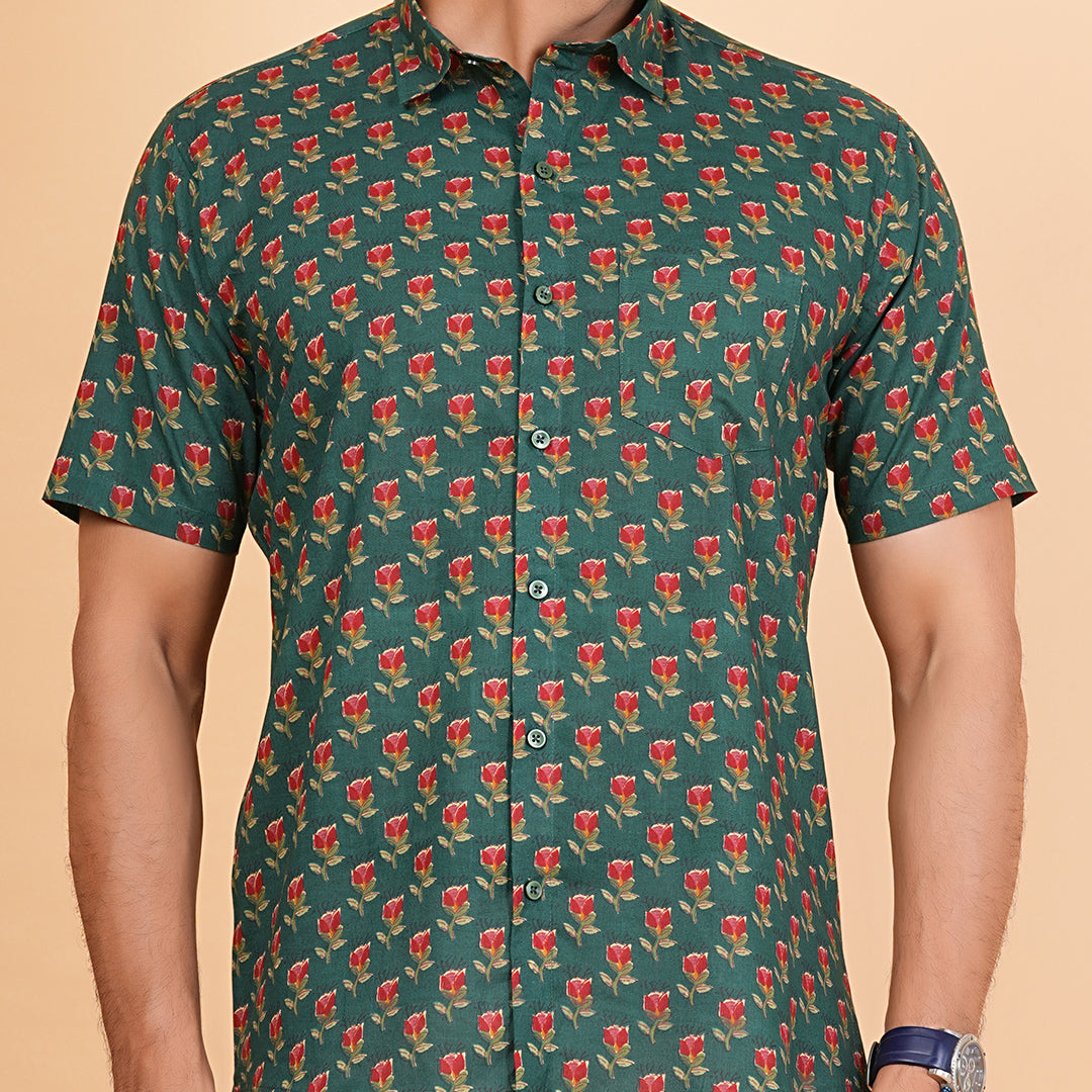 Men's Green Cotton Half-Sleeve Shirt with Red Rose Print