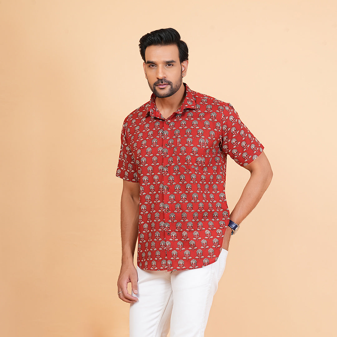 Raging Red & Blossom Half-Sleeves Shirt