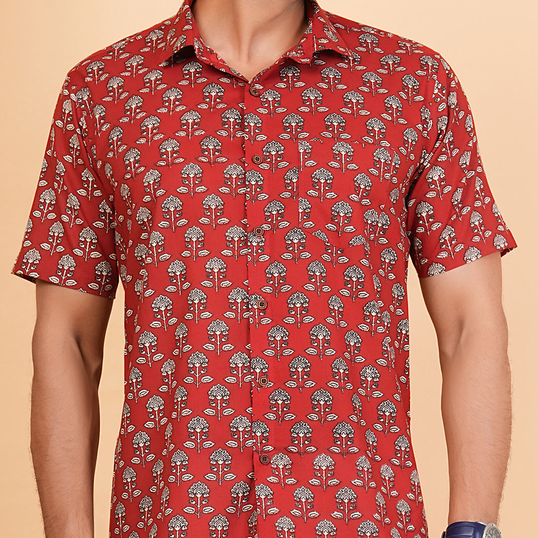 Raging Red & Blossom Half-Sleeves Shirt