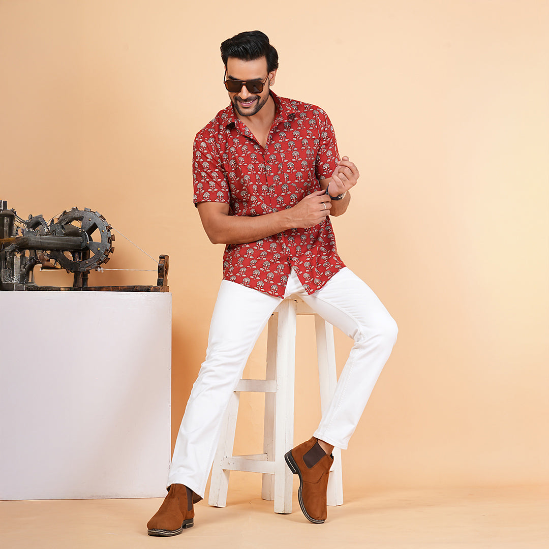 Raging Red & Blossom Half-Sleeves Shirt