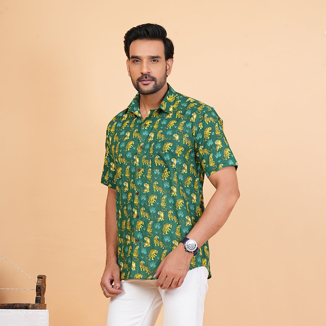 Green Safari with Yellow Stripes Half-Sleeves Shirts