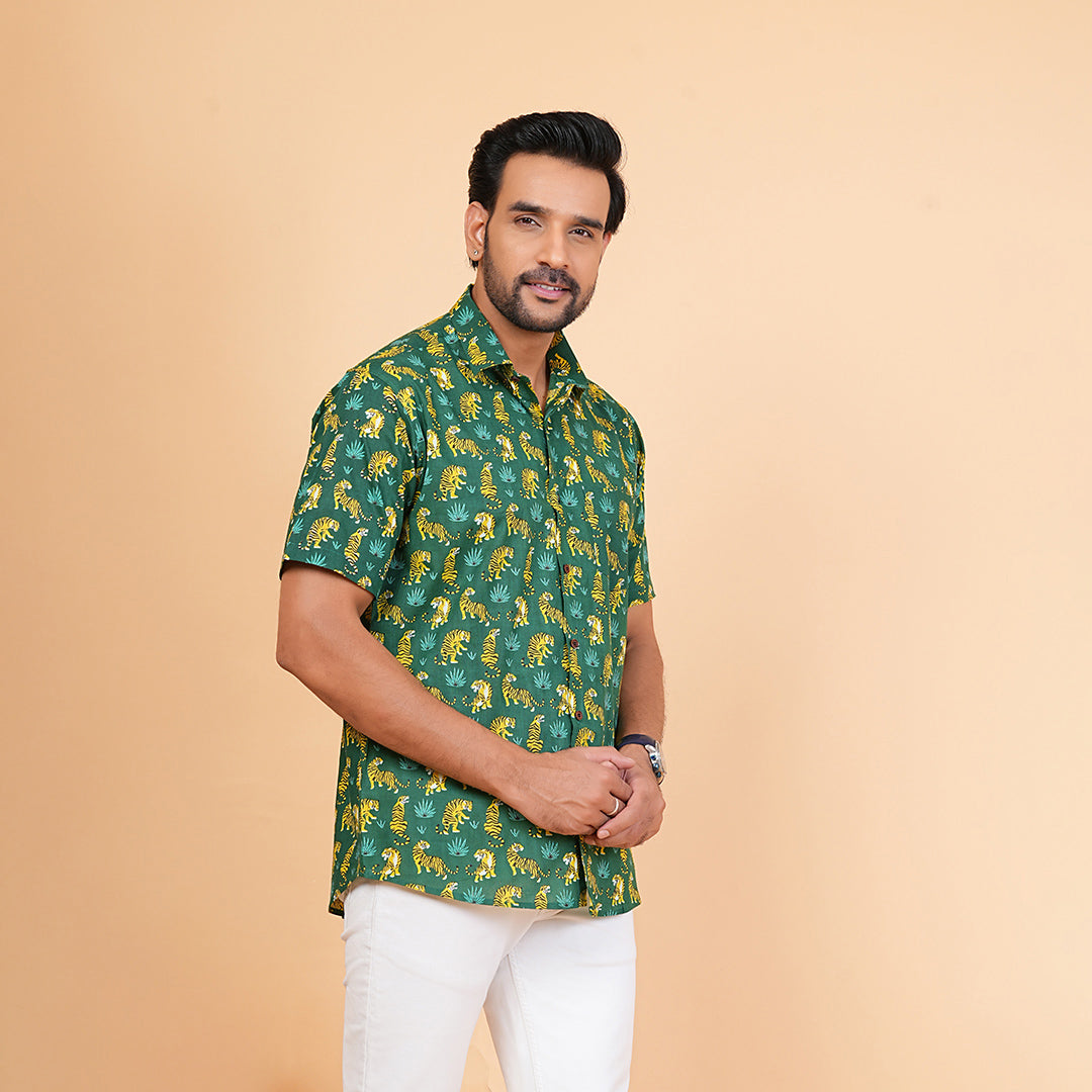 Green Safari with Yellow Stripes Half-Sleeves Shirts