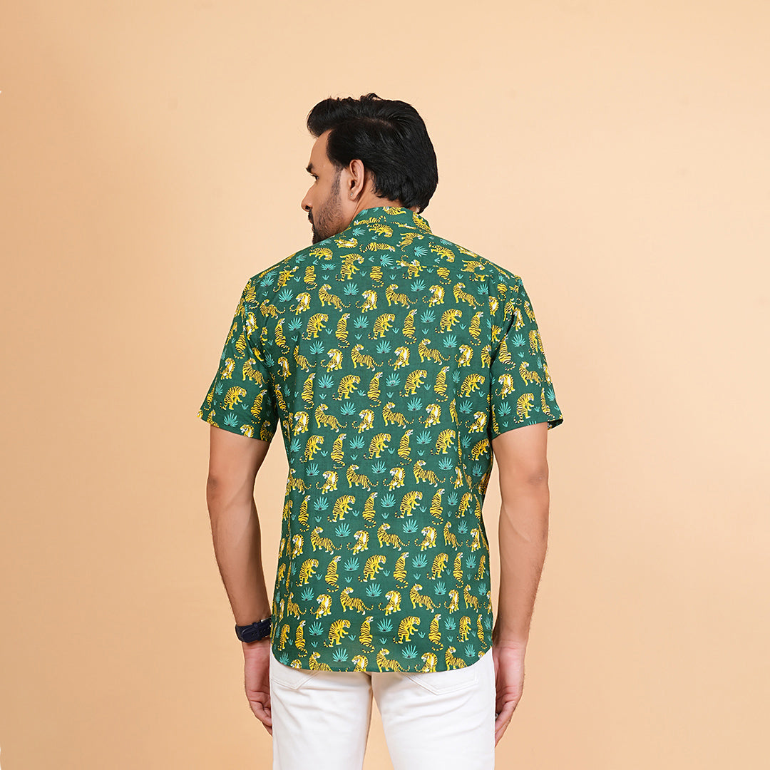 Green Safari with Yellow Stripes Half-Sleeves Shirts