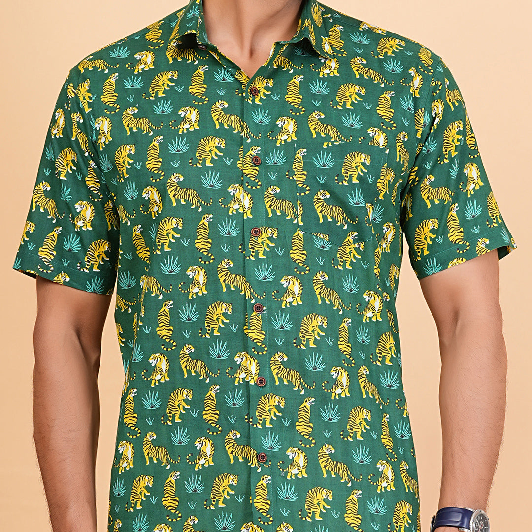 Green Safari with Yellow Stripes Half-Sleeves Shirts