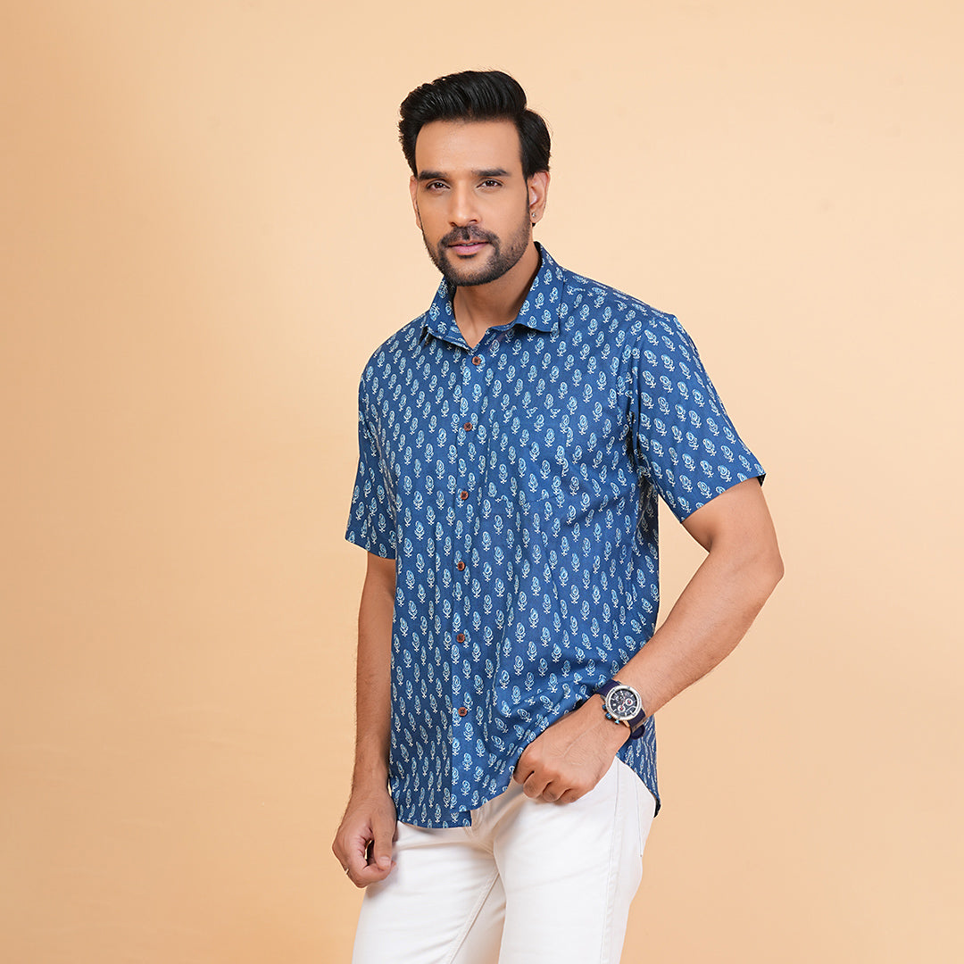 Ocean Leaf in Wind Print Half-Sleeves Shirt