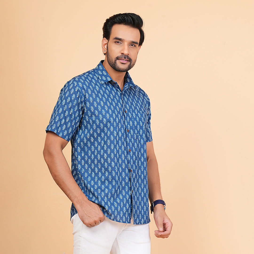 Ocean Leaf in Wind Print Half-Sleeves Shirt
