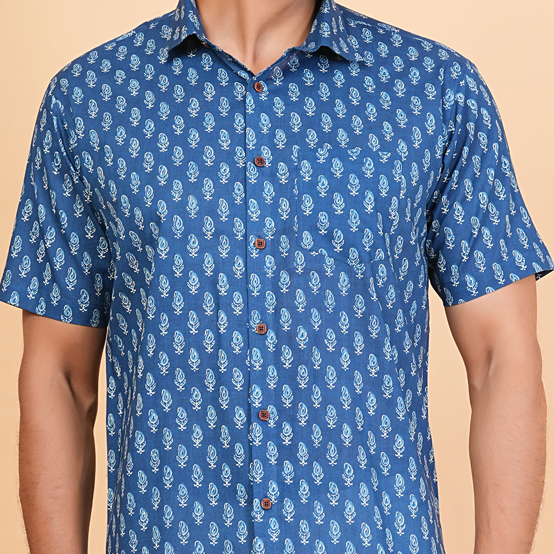 Ocean Leaf in Wind Print Half-Sleeves Shirt