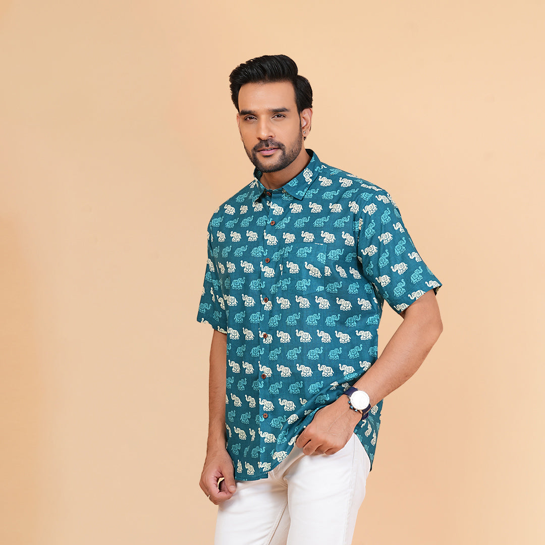 Teal Trails with Tiny Elephants Half-Sleeves Shirt