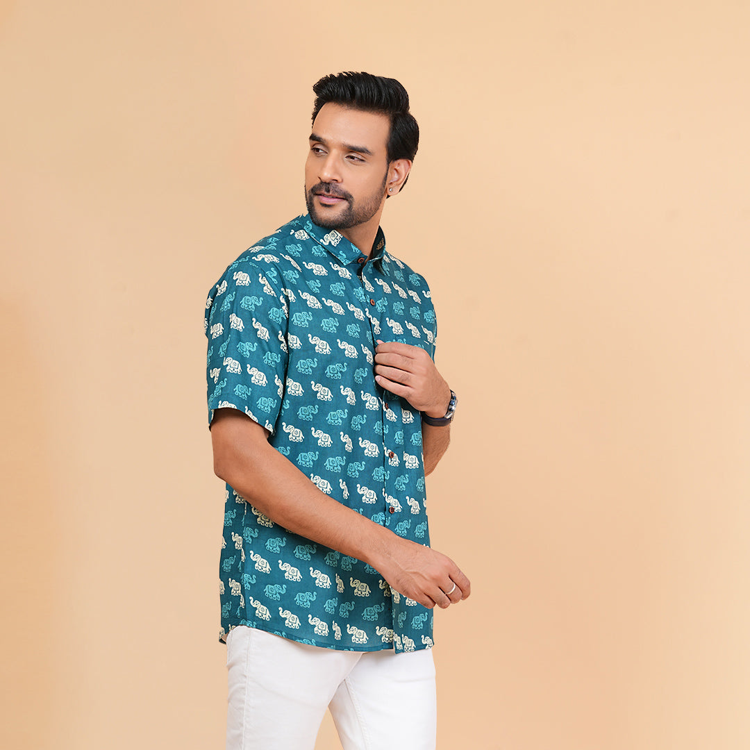 Teal Trails with Tiny Elephants Half-Sleeves Shirt