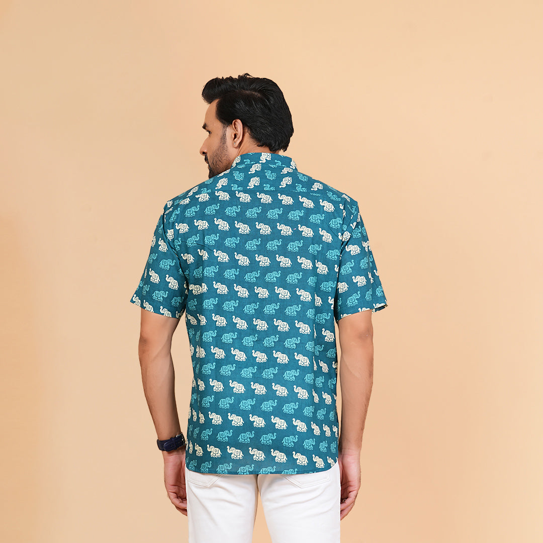 Teal Trails with Tiny Elephants Half-Sleeves Shirt