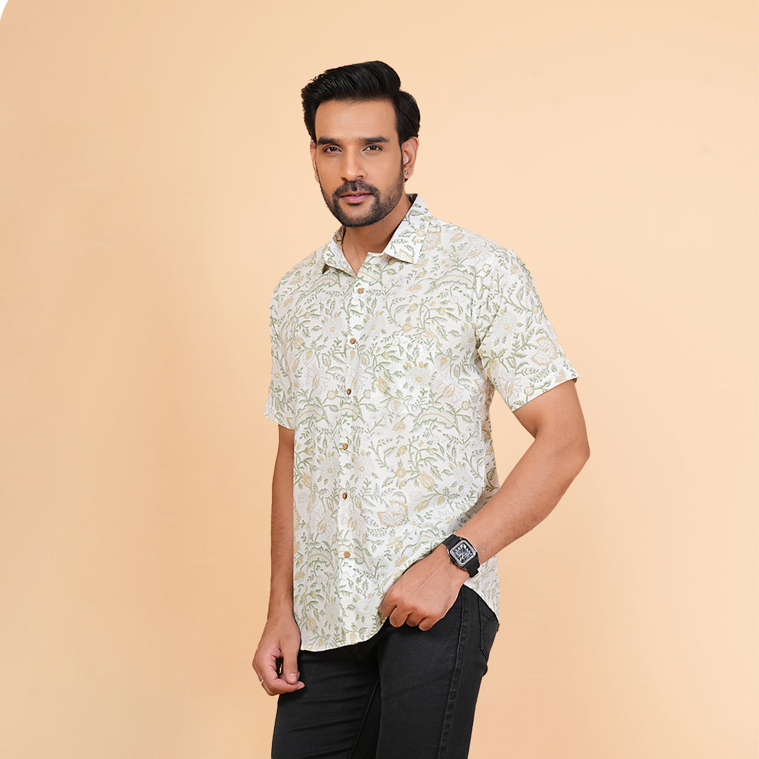Botanical Beauty - White and Green Floral Print Shirt